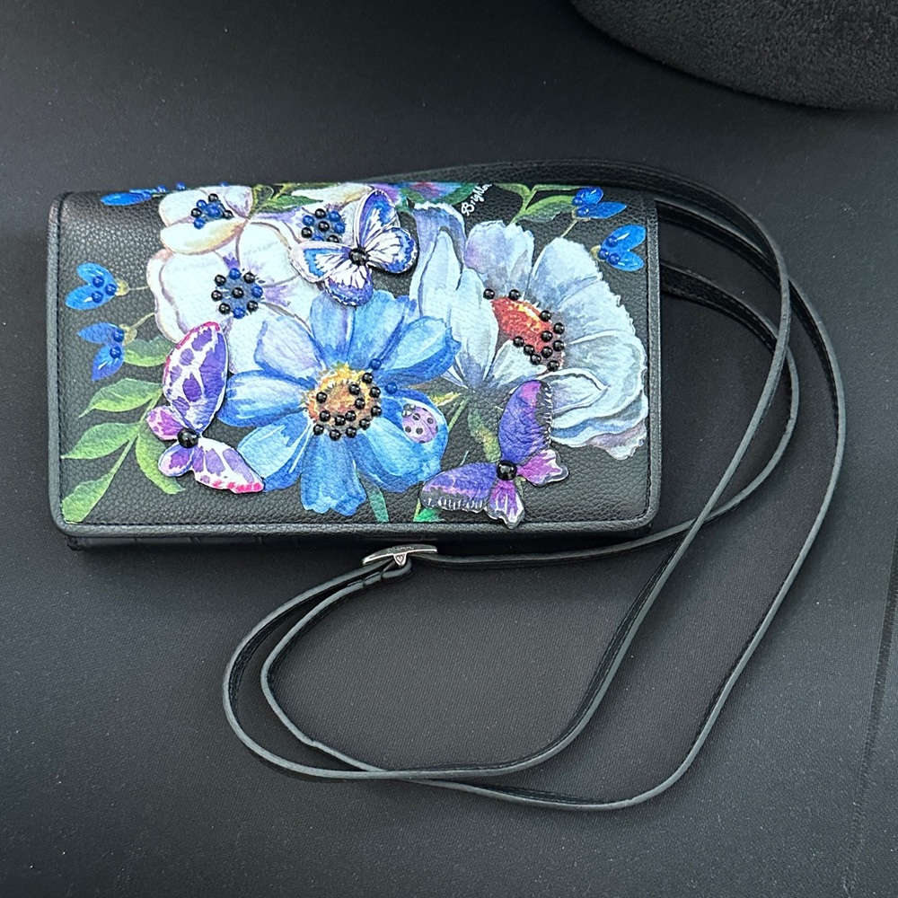 Brighton Black Floral Crossbody Bag with Blue & Purple Accents